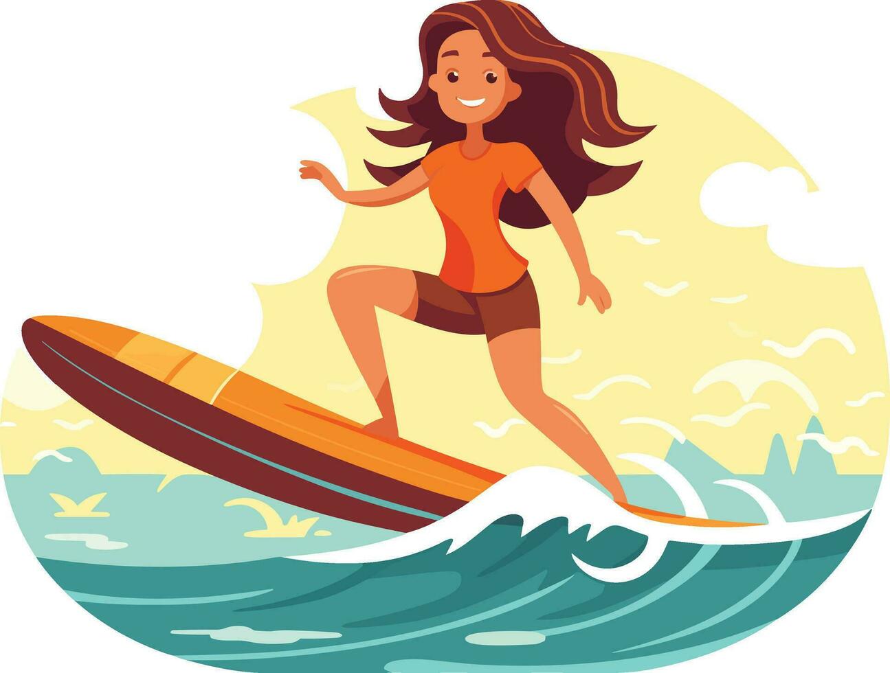 surfant fille illustration, de bonne humeur fille surfant avec joyeux expression vecteur