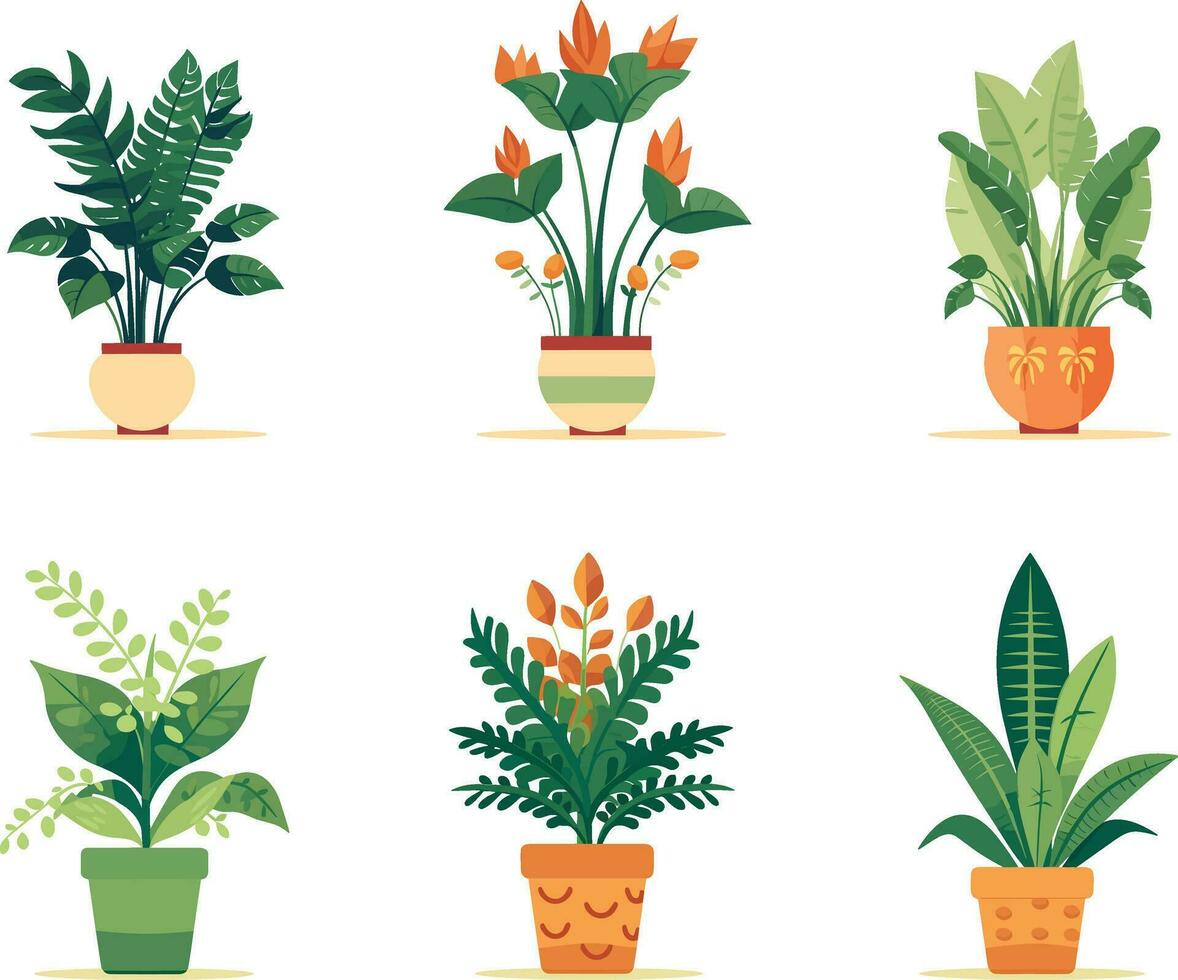 plante des pots ensemble illustration, vibrant botanique jardin avec divers végétaux, légumes, et plantes succulentes prospère dans marmites. vecteur