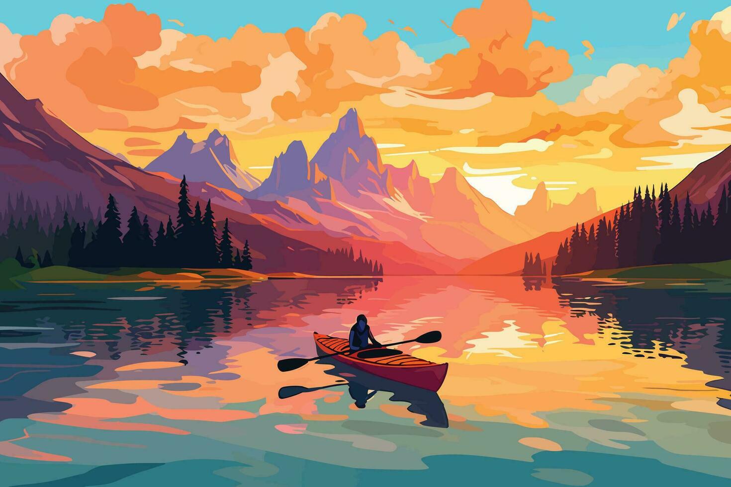 tranquille le coucher du soleil plus de montagnes et lac, reflétant beauté de la nature et transport, Jeune femme kayak dans cristal Lac illustration pour impression, fond d'écran conception et mur ar vecteur