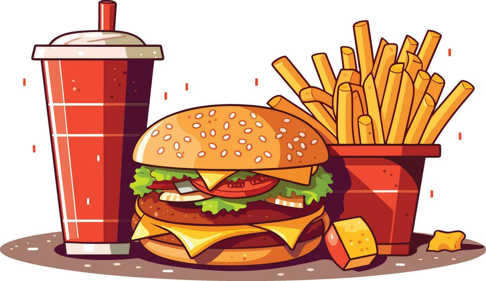 délicieux vite nourriture casse-croûte avec Burger, du Coca et Frais des légumes sur une blanc Contexte illustration, Burger, du Coca, chaud et épicé français frites illustration vecteur