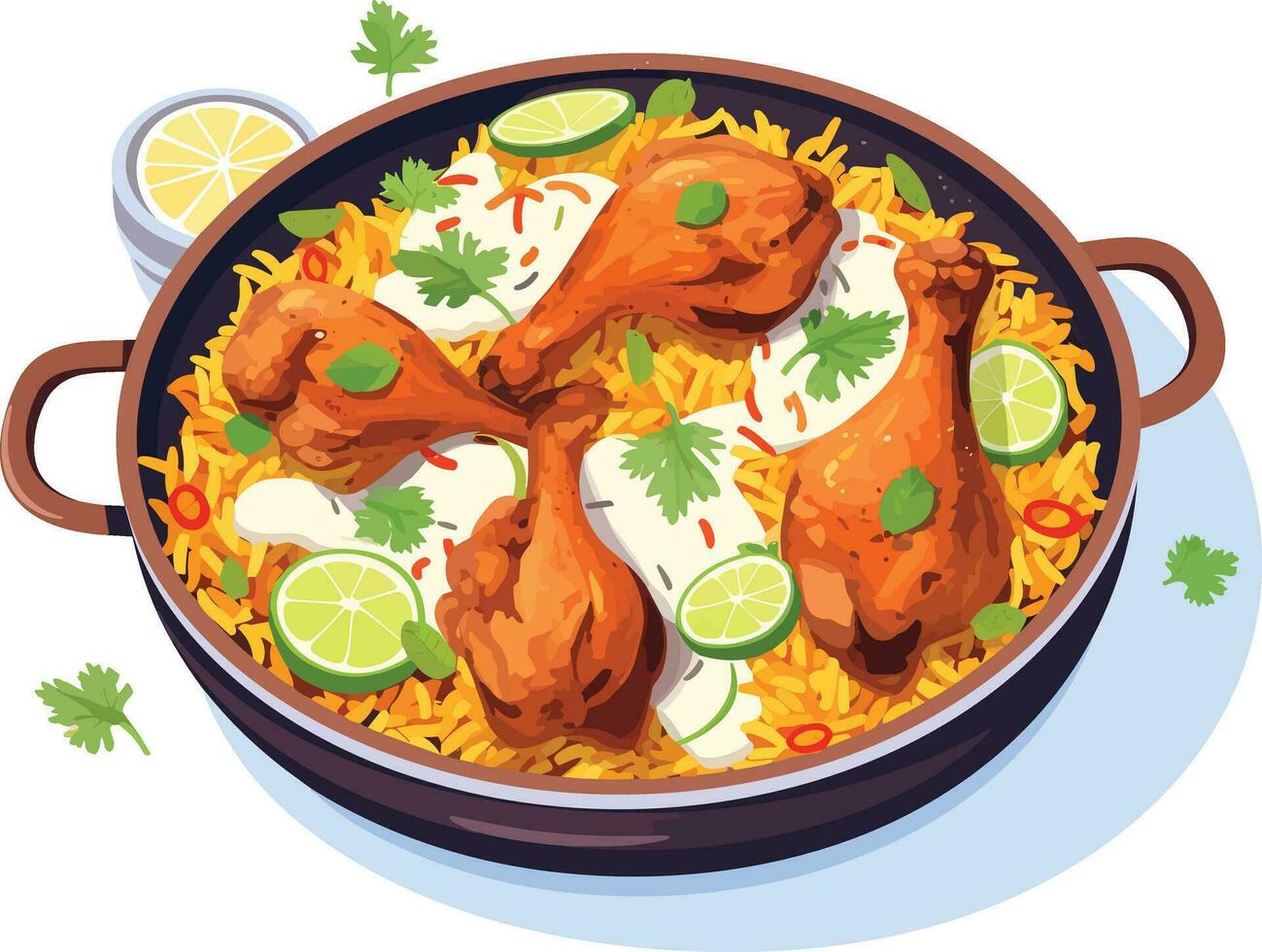 chaud et épicé poulet biryani avec rôti pièces et citron illustration sur isolé blanc Contexte vecteur