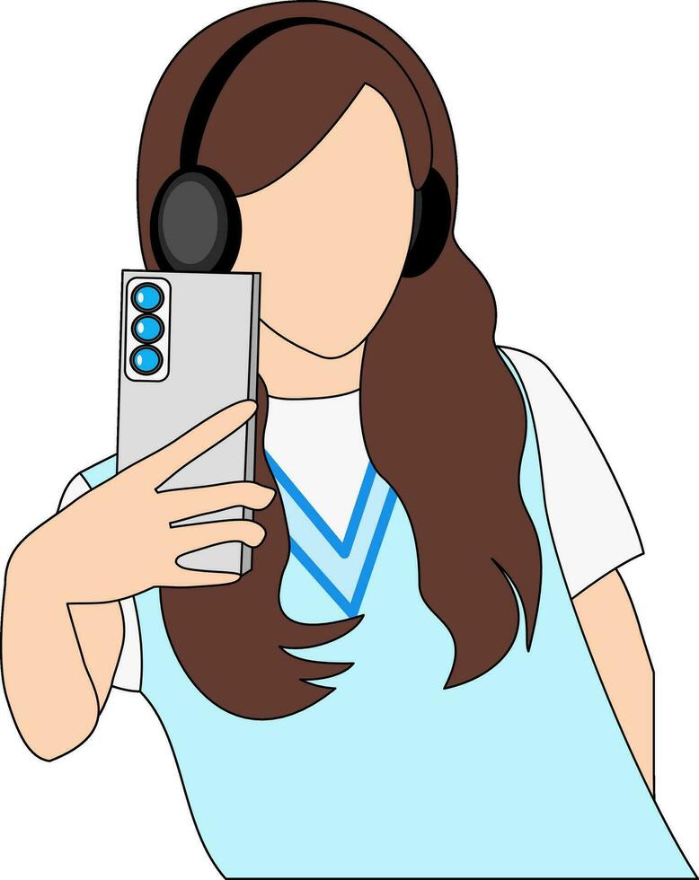 une longue marron cheveux fille portant une bleu gilet et écouteurs prend une selfie avec téléphone intelligent tandis que écoute à musique. vecteur