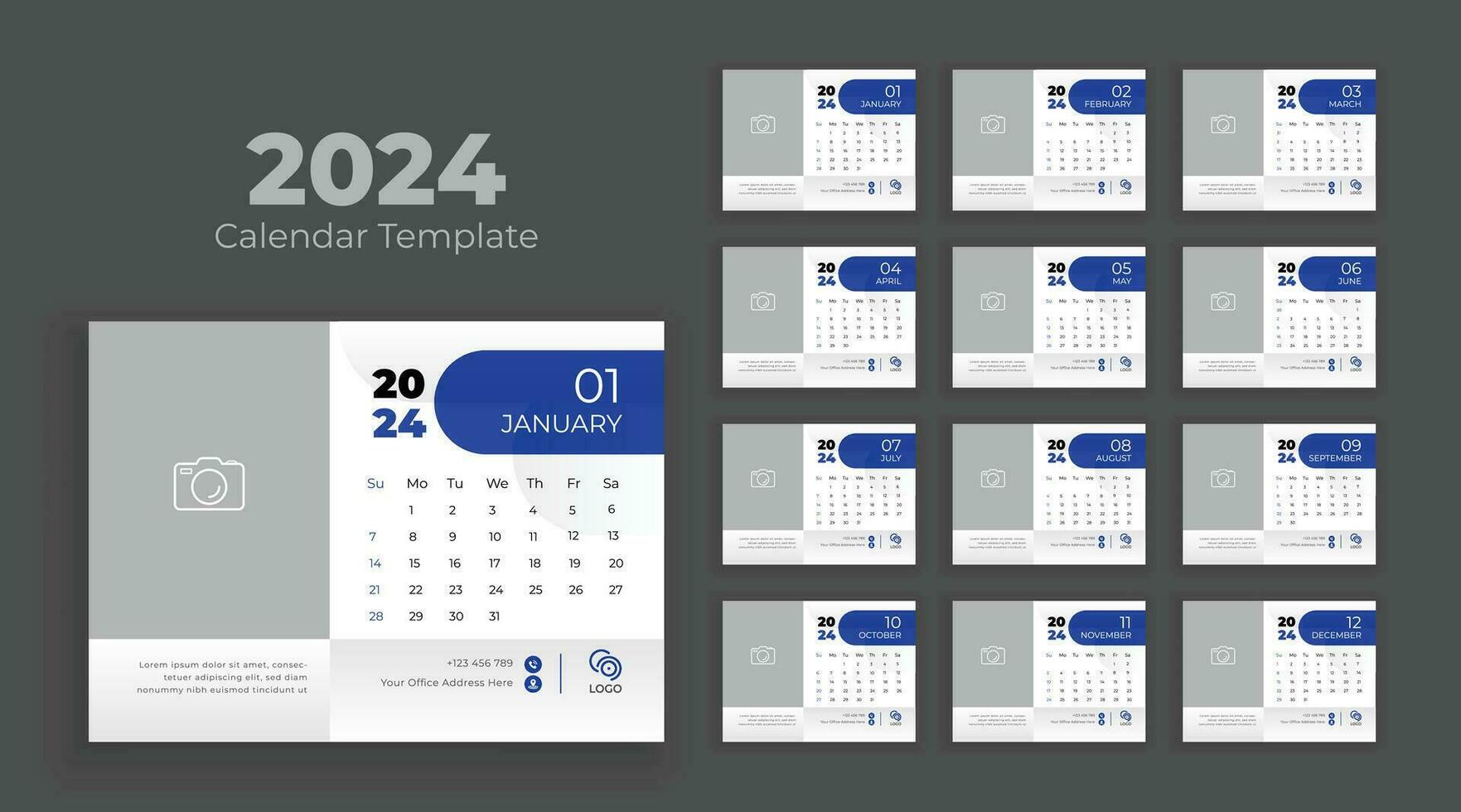 calendrier modèle pour 2024 an. calendrier 2024 planificateur entreprise modèle conception ensemble. la semaine départs sur dimanche vecteur