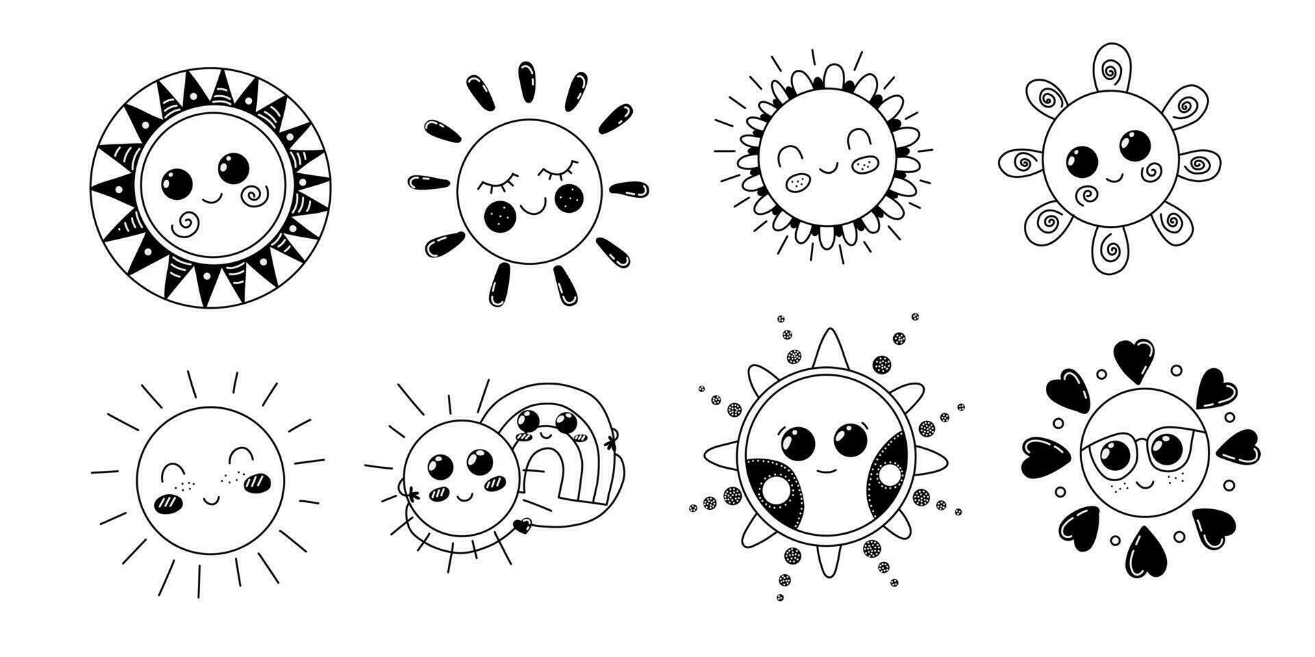 ensemble de griffonnages mignonne souriant soleils vecteur illustration