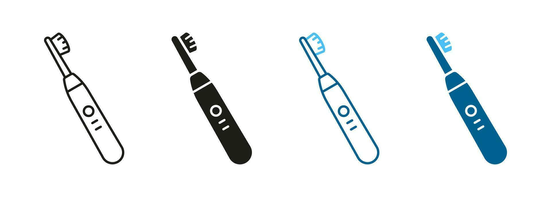 électrique brosse à dents silhouette et ligne icône ensemble. du quotidien oral hygiénique noir et Couleur signe. dent se soucier symbole. dentaire hygiène électrique accessoire pictogramme collection. isolé vecteur illustration.