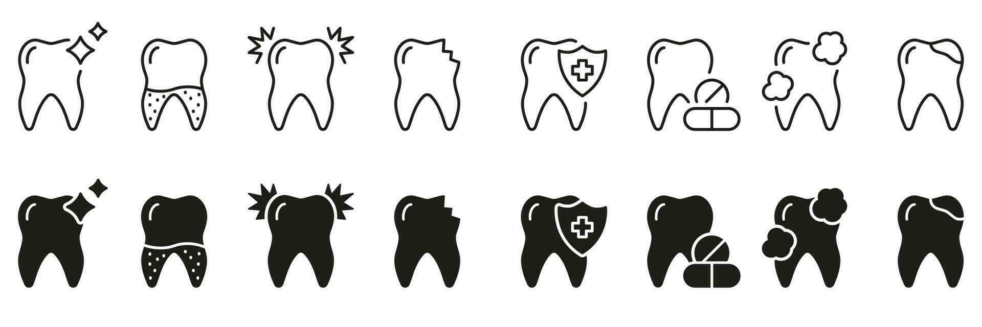 dentaire se soucier silhouette et ligne icône ensemble. mal aux dents diagnostique linéaire et glyphe pictogramme. orthodontique maladie. dentisterie symbole. dentaire traitement signe. modifiable accident vasculaire cérébral. isolé vecteur illustration.