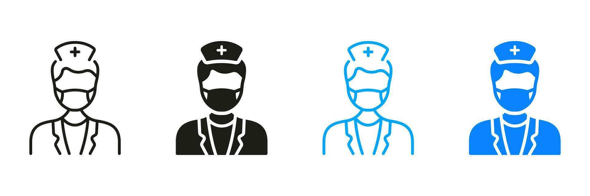 dentaire chirurgien signe. dentiste homme pictogramme collection. médecin spécialiste, orthodontiste, endodontiste symbole. médecin dans visage masque silhouette et ligne icône ensemble. isolé vecteur illustration.