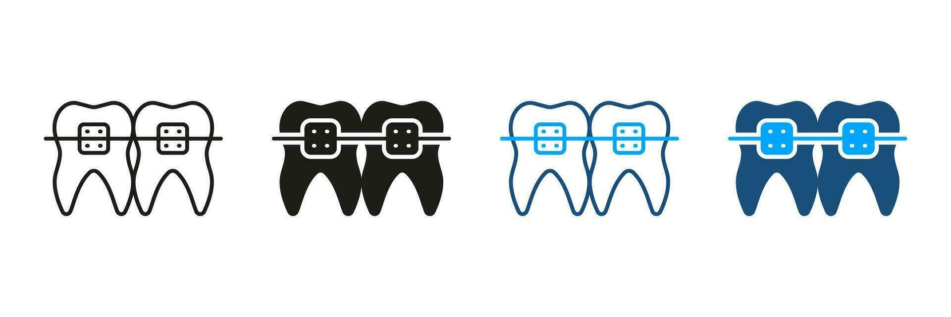 dentaire un appareil dentaire silhouette et ligne Icônes ensemble. dentiste oral se soucier. dentisterie, les dents traitement symbole collection. orthodontique entretoise, mâchoire et en bonne santé dent correction. isolé vecteur illustration.