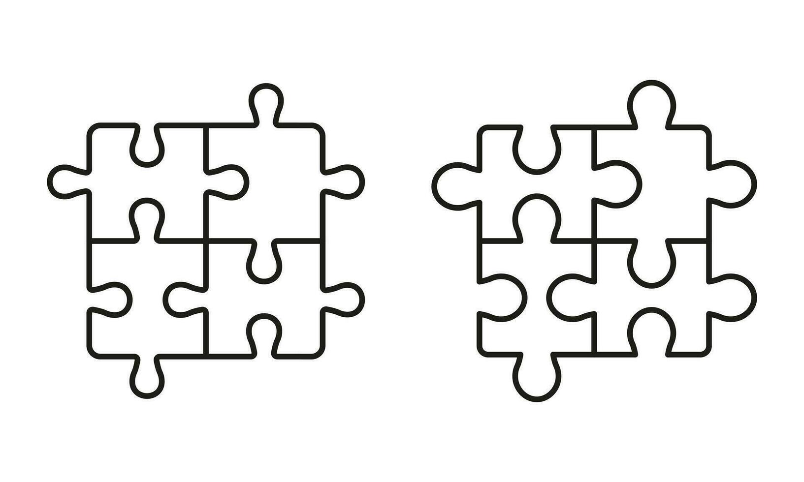 puzzle pièces correspondre, combinaison Solution ligne icône ensemble. travail en équipe, défi, idée, logique Jeu contour signe. carré scie sauteuse linéaire pictogramme. modifiable accident vasculaire cérébral. isolé vecteur illustration.