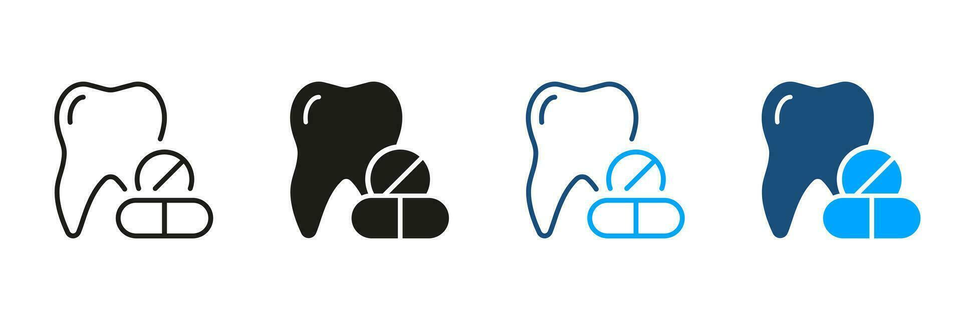 dent pharmacie médicament pictogramme, dentaire analgésiques. les dents et pilules silhouette et ligne Icônes ensemble. dentaire traitement symbole collection. tablette pour oral maladie. isolé vecteur illustration.