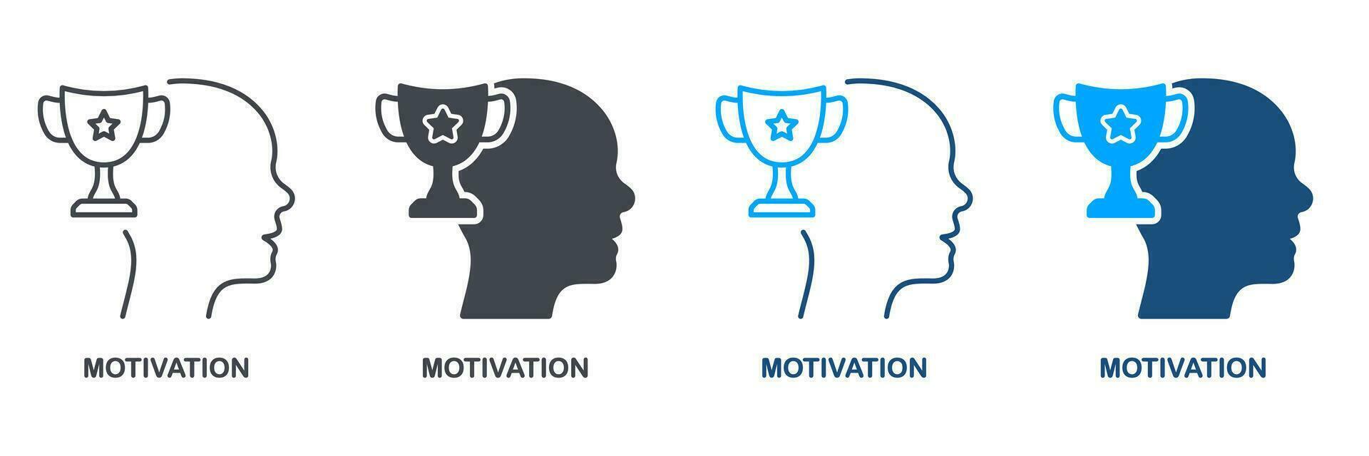 Humain tête et trophée tasse, Succès réussite pictogramme. motivation dans sport silhouette et ligne icône ensemble. motivant, motivation à développement symbole collection. isolé vecteur illustration.