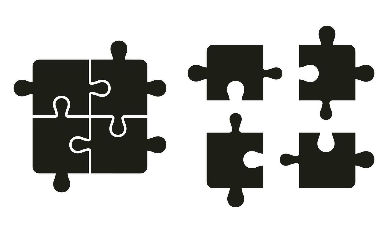 puzzle pièces correspondre, combinaison Solution silhouette icône ensemble. assembler et démonter scie sauteuse solide symbole. équipe l'intégration, travail en équipe glyphe pictogramme. isolé vecteur illustration.