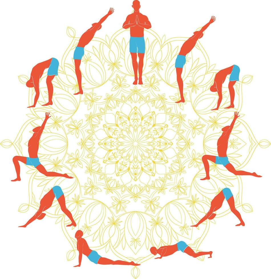 yoga les pratiques surya namaskar ou saluer à le Soleil ou Soleil salutation. vecteur dessins de tout 12 asanas avec mandala sur le Contexte.