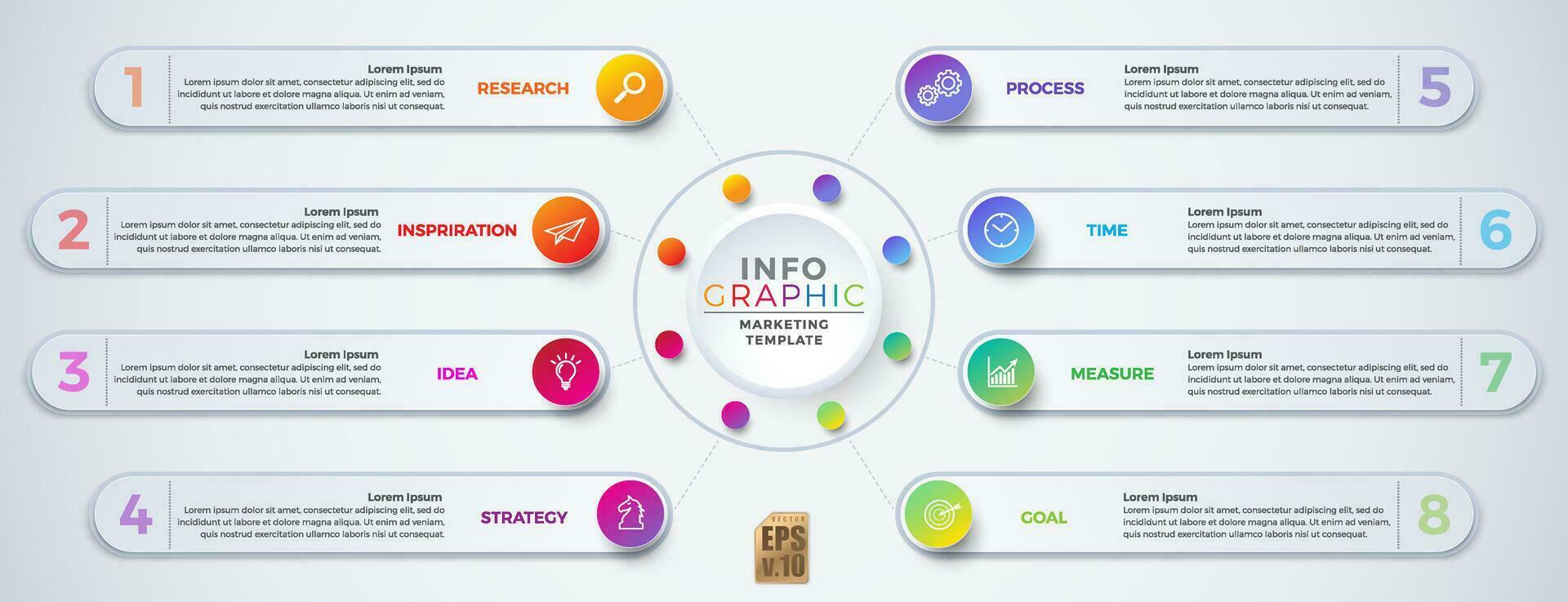 infographie coloré vecteur commercialisation modèle conception rond coin Icônes 8 les options isolé dans minimal style. vous pouvez utilisé pour commercialisation processus, flux de travail présentations mise en page, couler graphique, impression publicité.