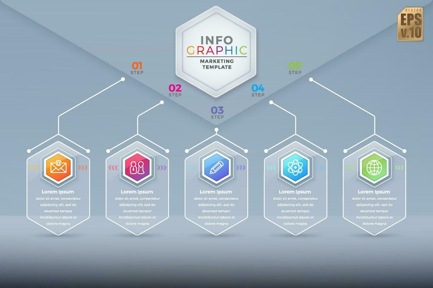 infographie vecteur affaires hexagone Icônes luxe conception coloré modèle. 5 les options dans verre transparence. vous pouvez utilisé pour commercialisation processus, flux de travail présentations mise en page, couler graphique, impression publicité.