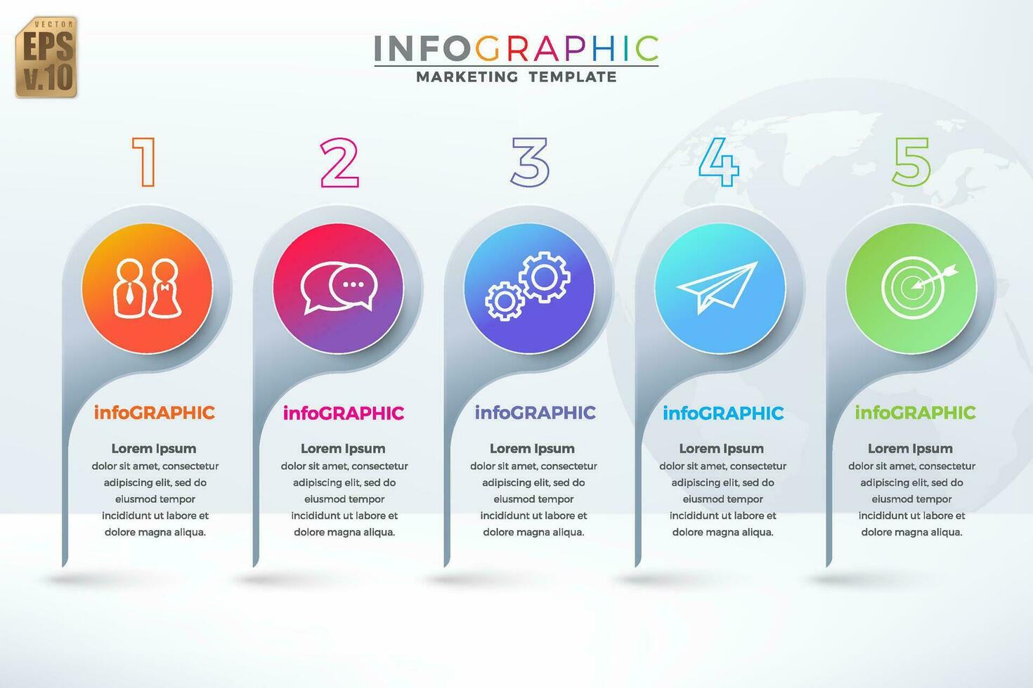 infographie affaires commercialisation coloré modèle vecteur conception rond Icônes 5 les options ou pas isolé style sur blanc Contexte. vous pouvez utilisé pour commercialisation processus, flux de travail présentation, impression publicité.