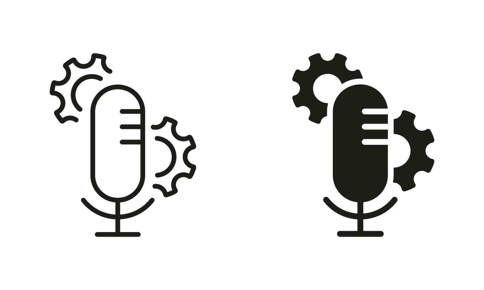 microphone du son configuration ligne et silhouette icône ensemble. microphone et engrenage, dent roue symbole collection. l'audio enregistrement réglages pictogramme. isolé vecteur illustration.