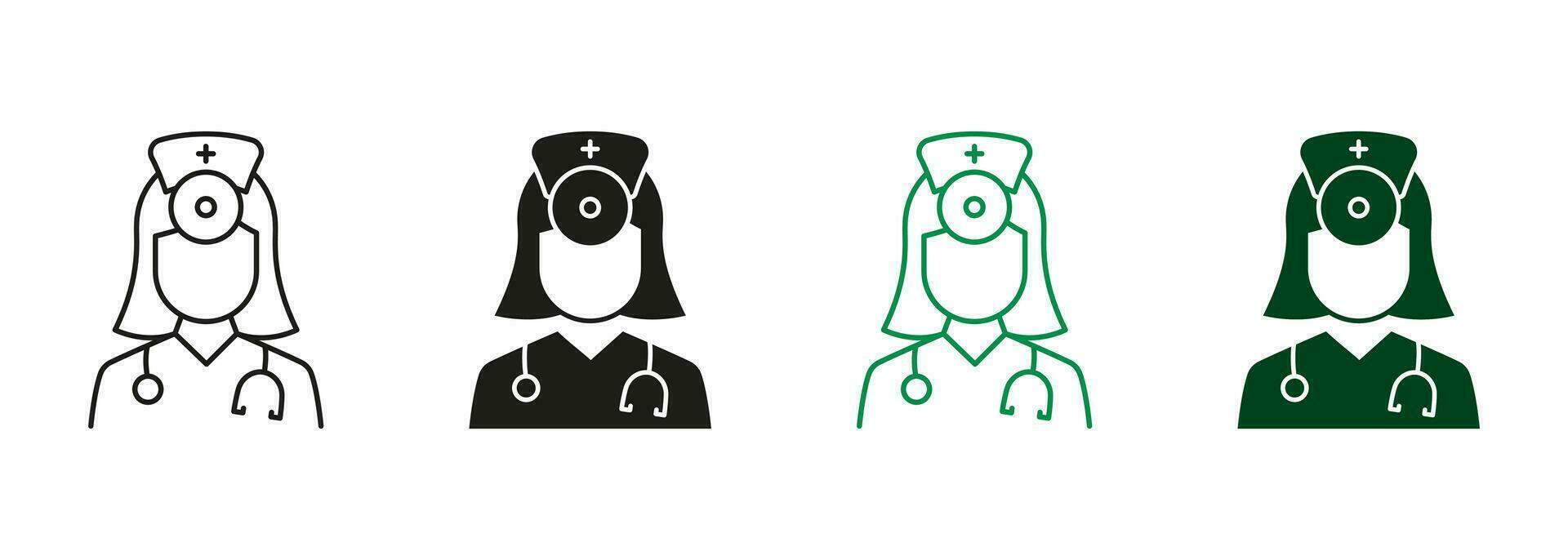 femelle médecins spécialiste et assistant noir et Couleur pictogramme. infirmière symbole collection. professionnel médecin avec stéthoscope ligne et silhouette icône ensemble. isolé vecteur illustration.