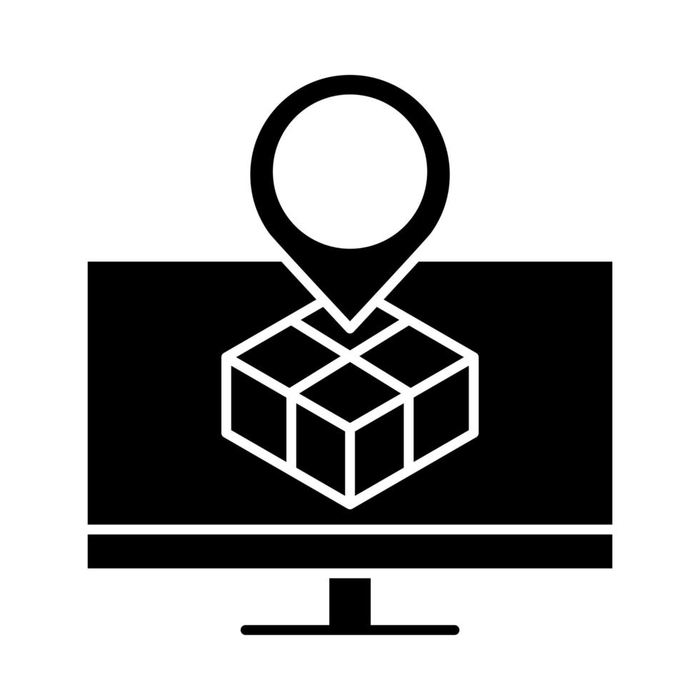 livraison emballage ordinateur emplacement pointeur app boîte en carton distribution logistique expédition de marchandises silhouette style icône vecteur