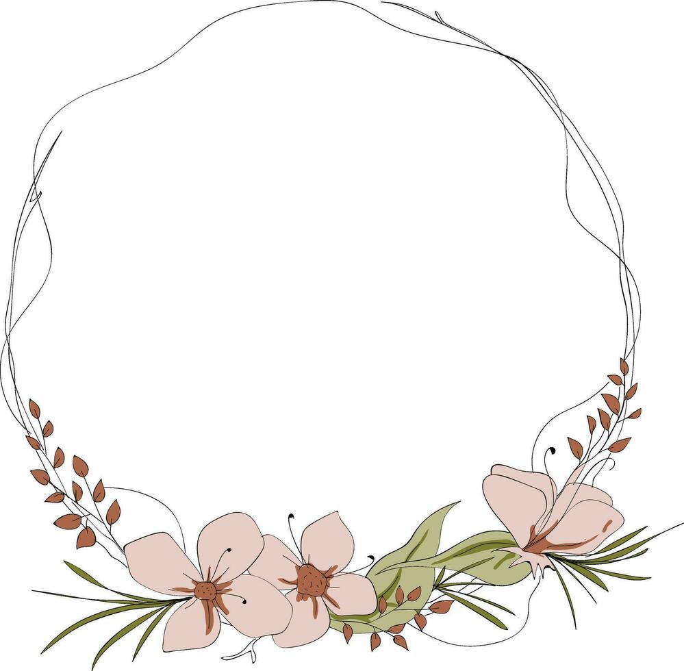 main tiré floral couronne avec rose fleurs et feuilles sur blanc Contexte vecteur