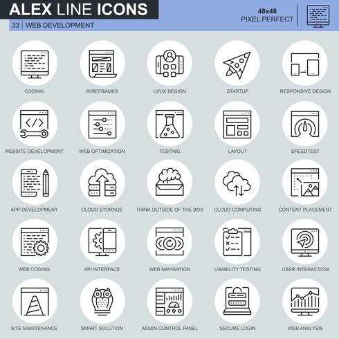 Icônes de conception et de développement de sites minces en ligne pour sites Web et sites mobiles et applications Contient des icônes telles que codage, application mobile, convivialité. 48x48 Pixel Parfait. AVC modifiable. Illustration vectorielle vecteur