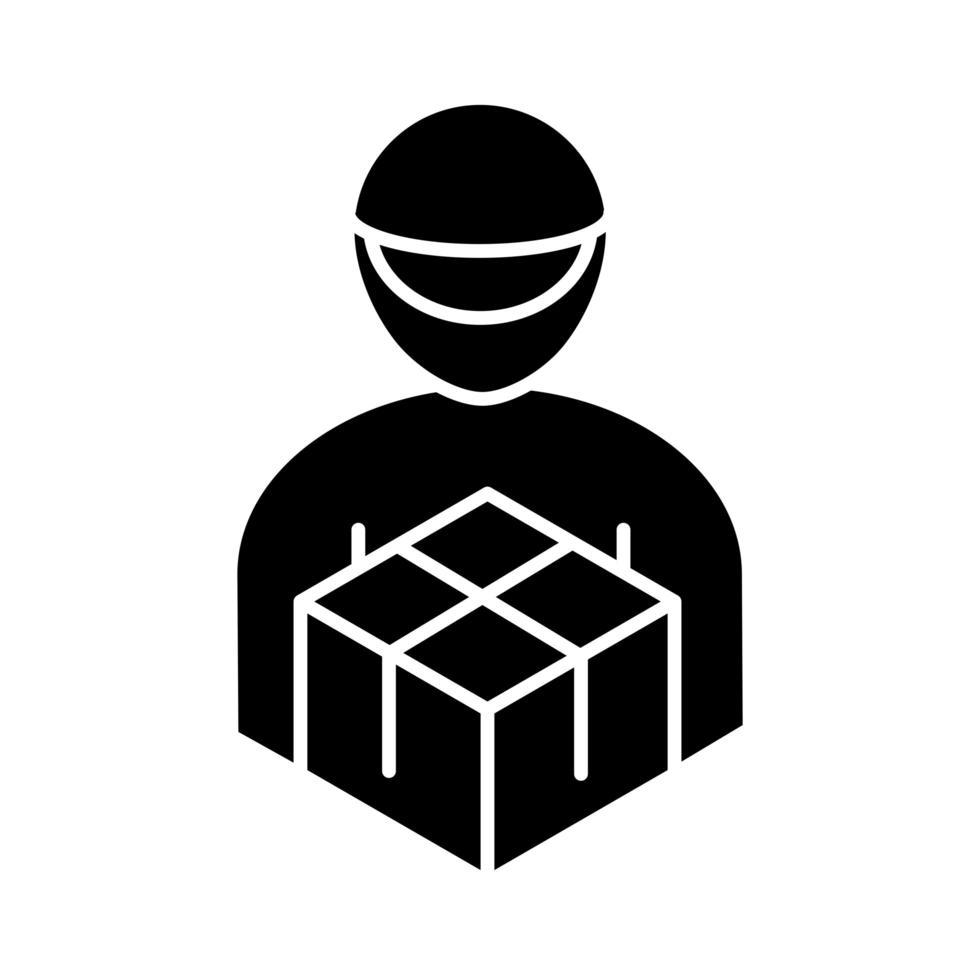 emballage de livraison homme de messagerie avec boîte en carton distribution logistique expédition de marchandises icône de style silhouette vecteur