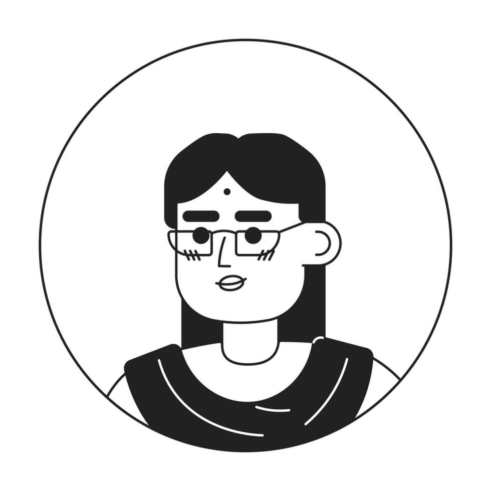 adulte Indien femme dans des lunettes monochrome plat linéaire personnage diriger. Indien accessoires et sari. modifiable contour main tiré Humain visage icône. 2d dessin animé place vecteur avatar illustration pour animation