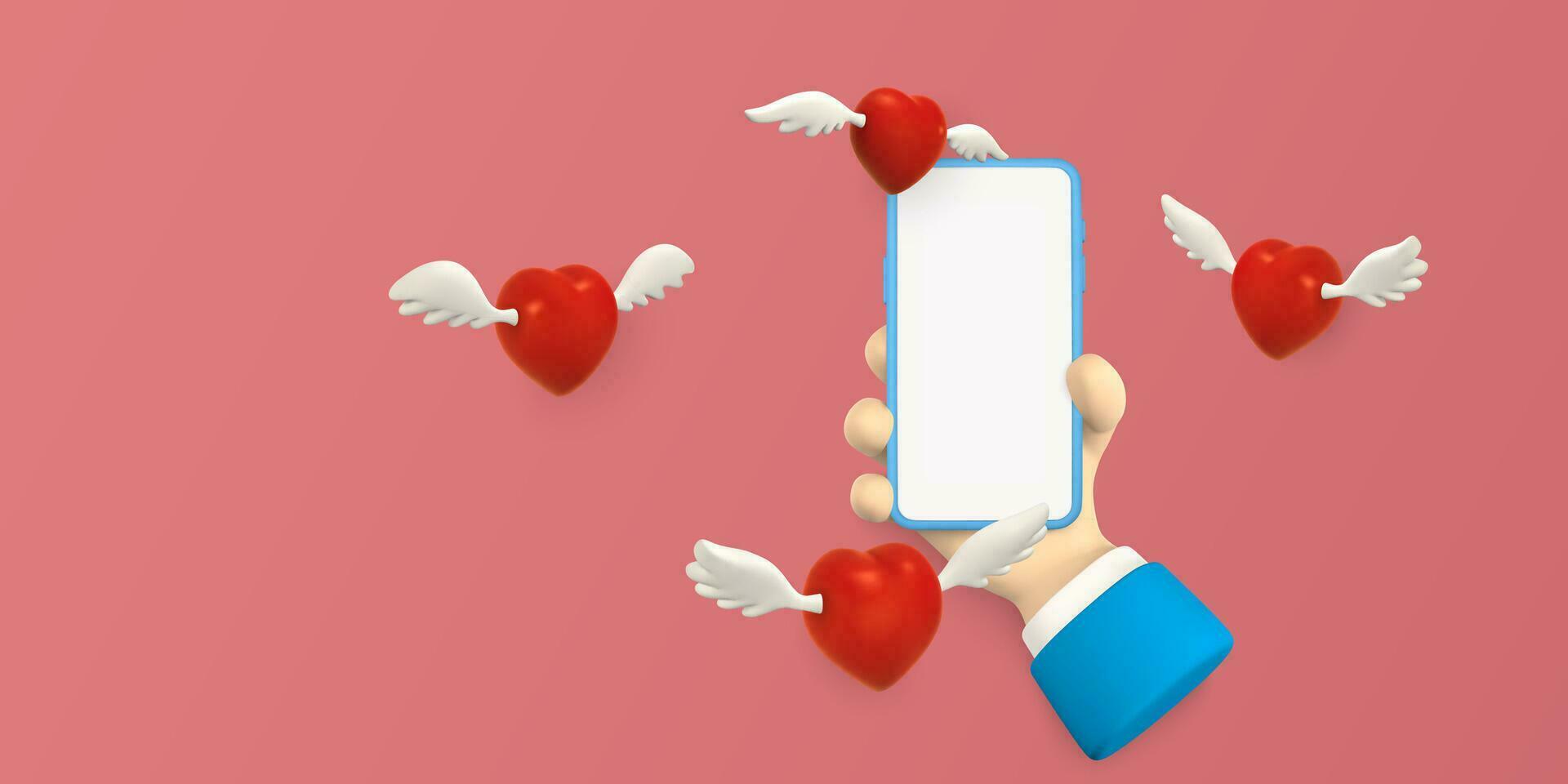 dessin animé personnage main avec intelligent téléphone et rouge cœurs avec ailes en volant. valentines journée concept. vecteur illustration
