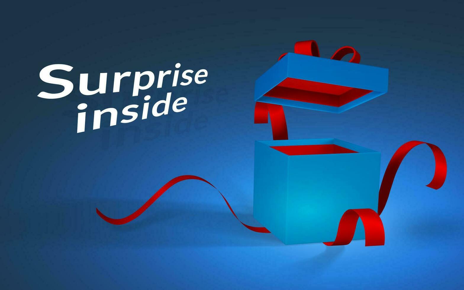 3d réaliste bleu ouvert cadeau boîte avec rouge arc et ruban. papier boîte sur foncé bleu Contexte. vecteur illustration