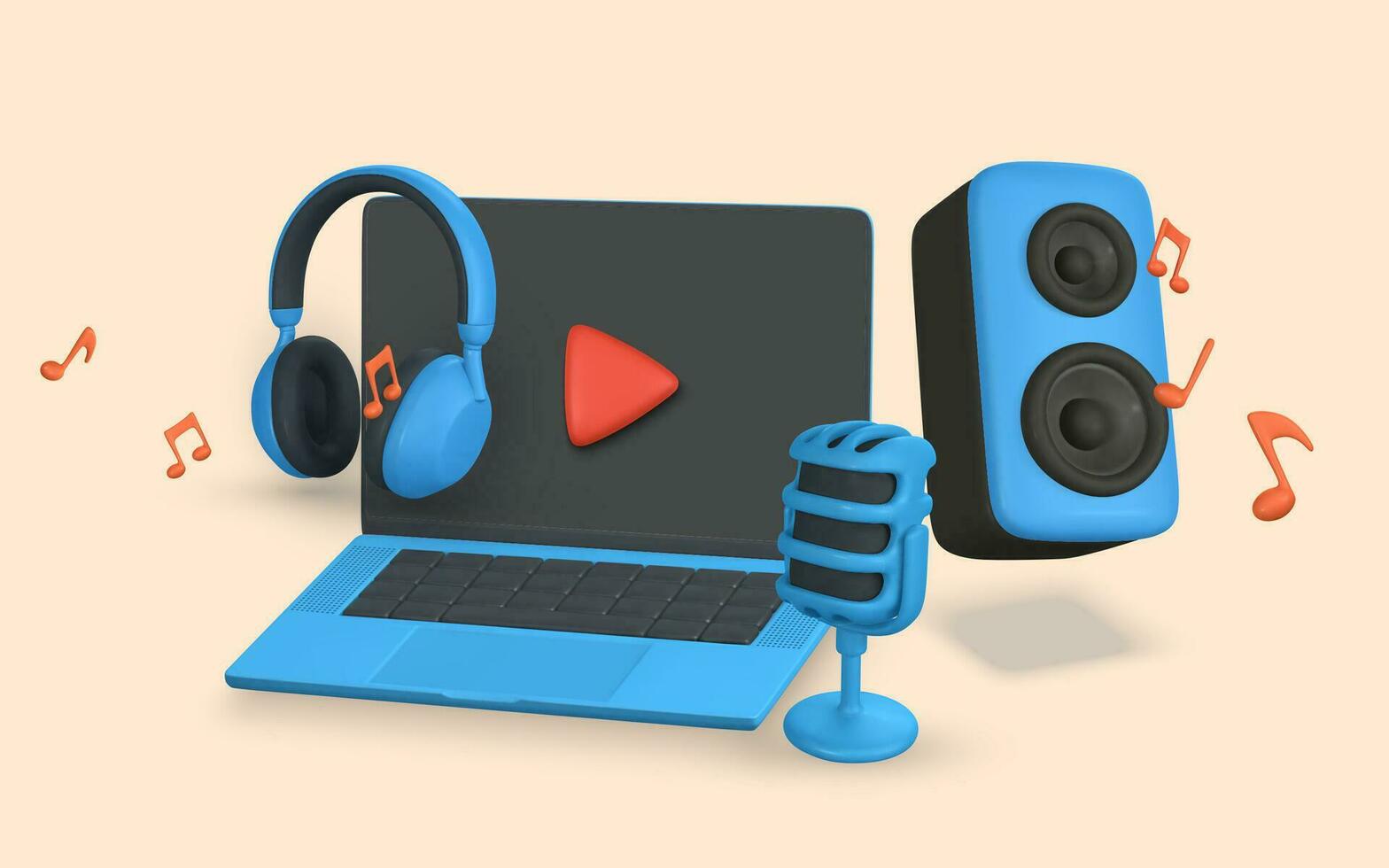 3d la musique bannière. réaliste microphone, ordinateur portable, la musique Remarques, casque de musique et l'audio orateur dans Plastique dessin animé style. vecteur illustration