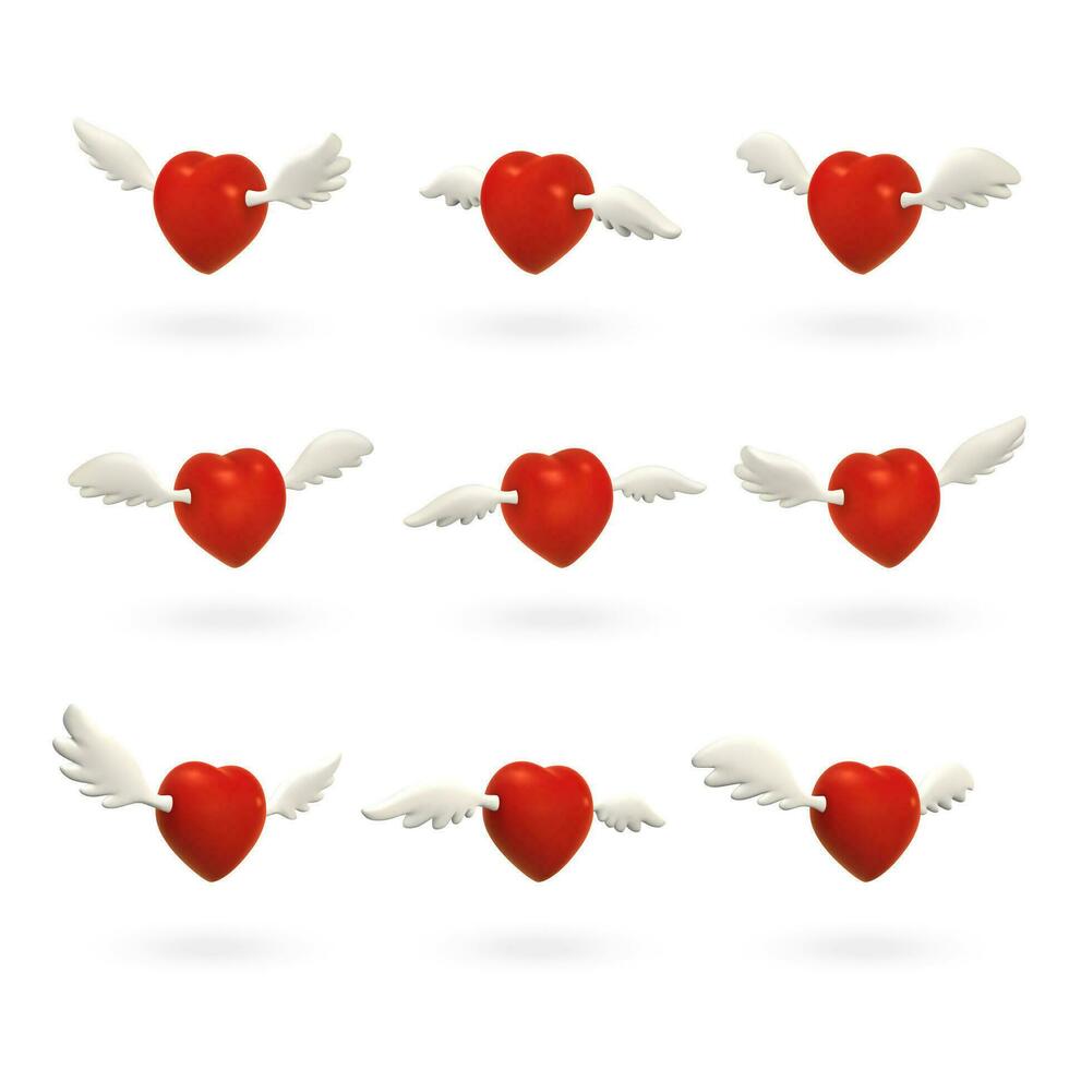 ensemble de 3d en volant cœurs avec ailes. décoratif éléments. valentines journée concept. vecteur illustration