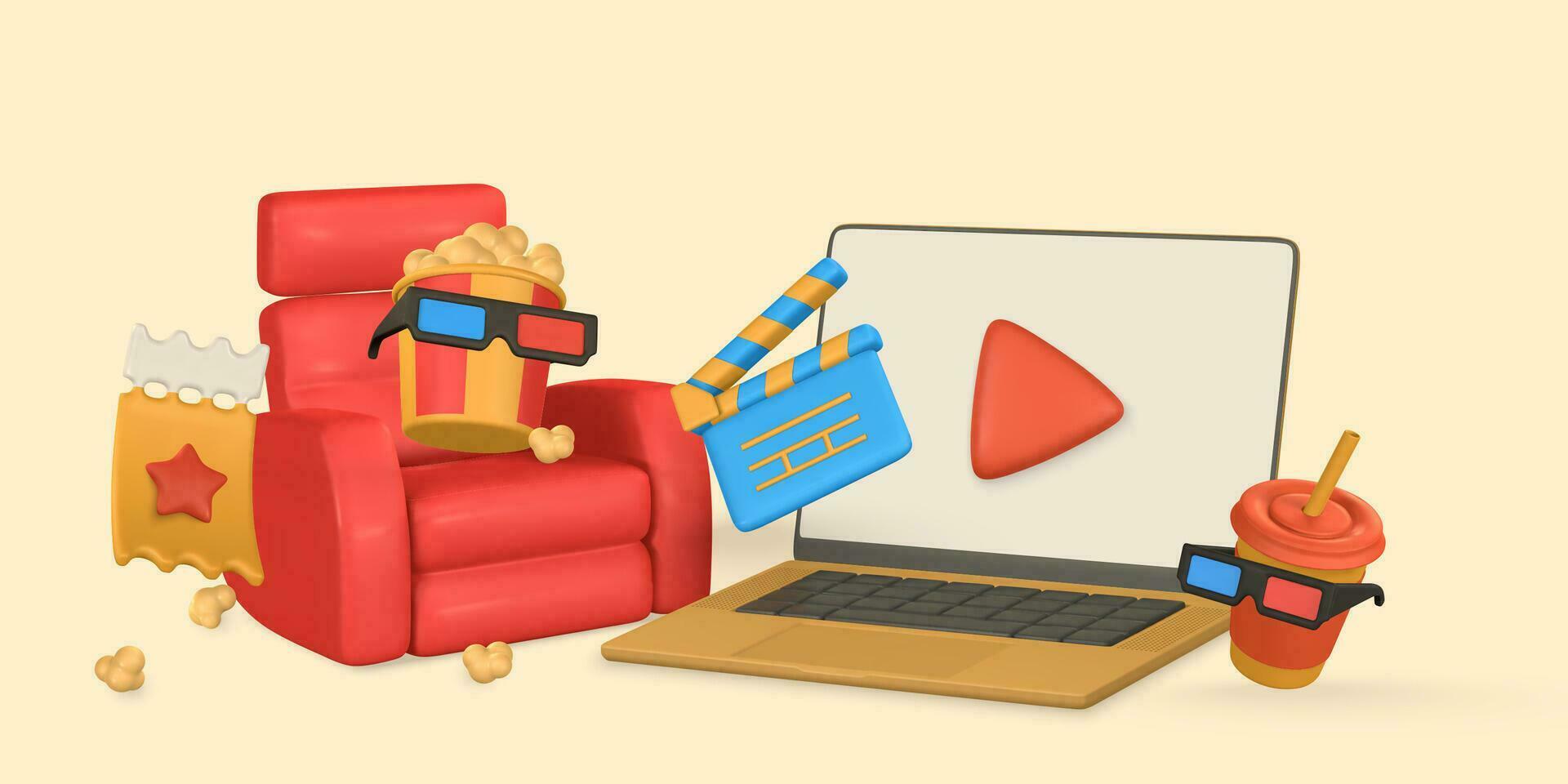 film temps affiche. bannière avec ordinateur portable, seau de Popcorn, fauteuil, billet, 3d des lunettes et papier Coupe. vecteur illustration