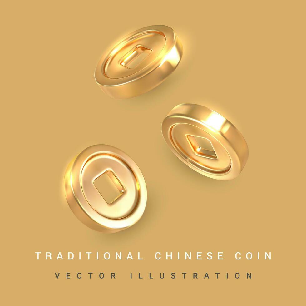 3d traditionnel chinois or pièce de monnaie avec carré trou. asiatique traditionnel éléments. vecteur illustration