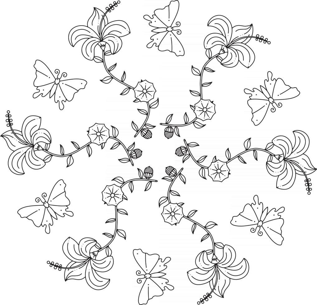papillon naturel motif floral fleur jardin contour monogramme coloriage page vecteur