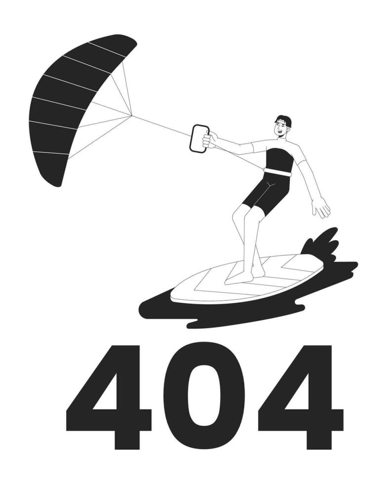 kite surf noir blanc Erreur 404 éclat message. surfeur avec cerf-volant des stands sur planche. monochrome vide Etat ui conception. page ne pas a trouvé apparaitre dessin animé image. l'eau des sports. vecteur plat contour illustration