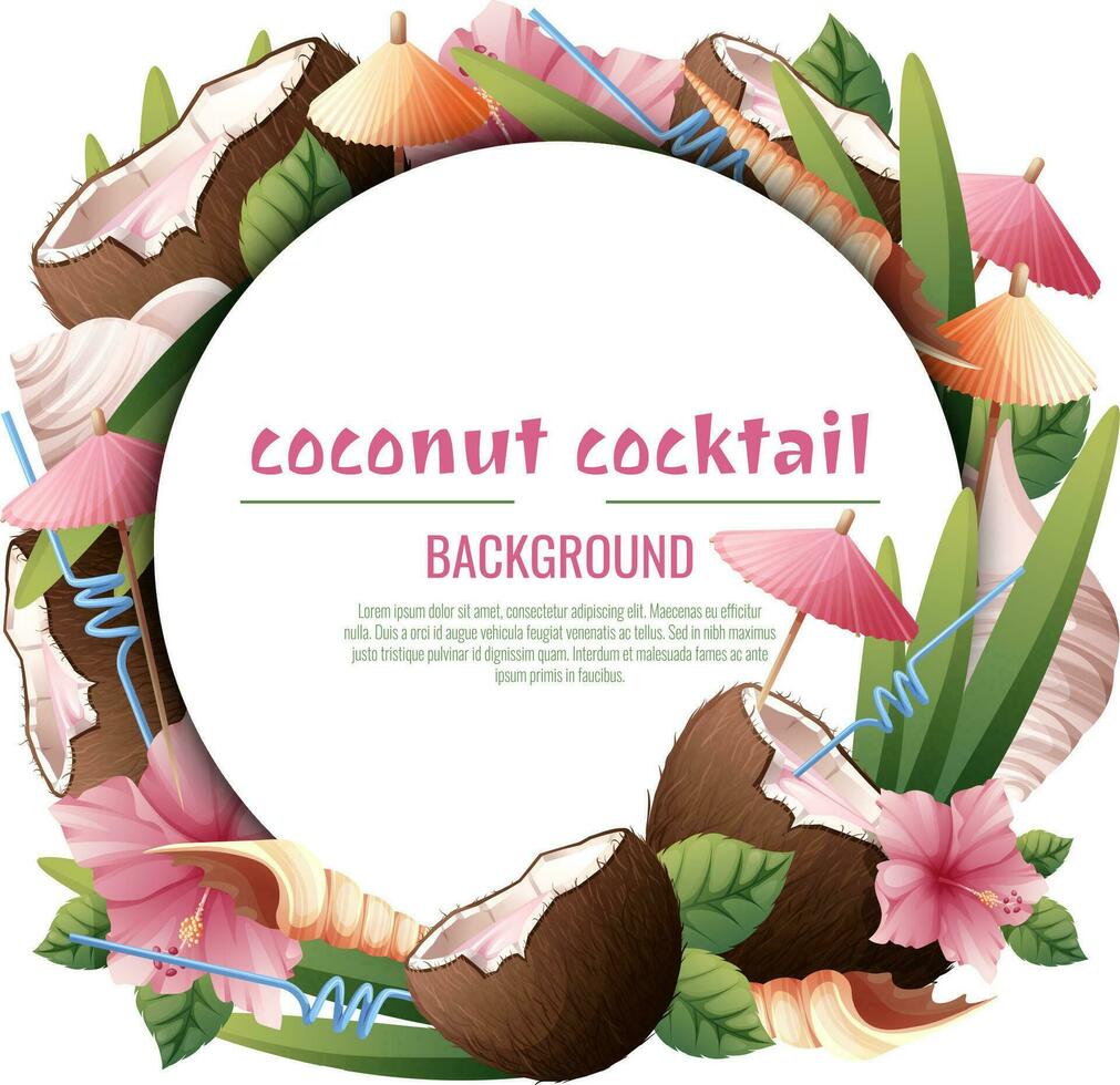 Contexte avec noix de coco cocktails, parapluies, hibiscus fleurs, coquillages. carte postale avec plage les boissons pour des soirées, vacances, publicité. été bannière avec noix de coco tropical fruit vecteur