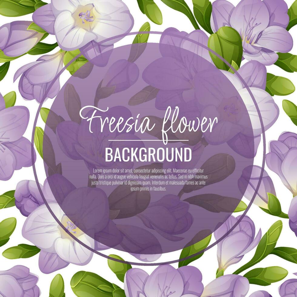 Contexte avec freesia fleurs. magnifique Cadre avec violet fleurs et bourgeons. printemps carte, bannière, mariage invitation vecteur