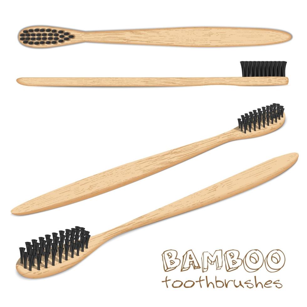 brosses à dents en bambou. jeu de balais de charbon, poils noirs. charbon. matériau biodégradable. vecteur