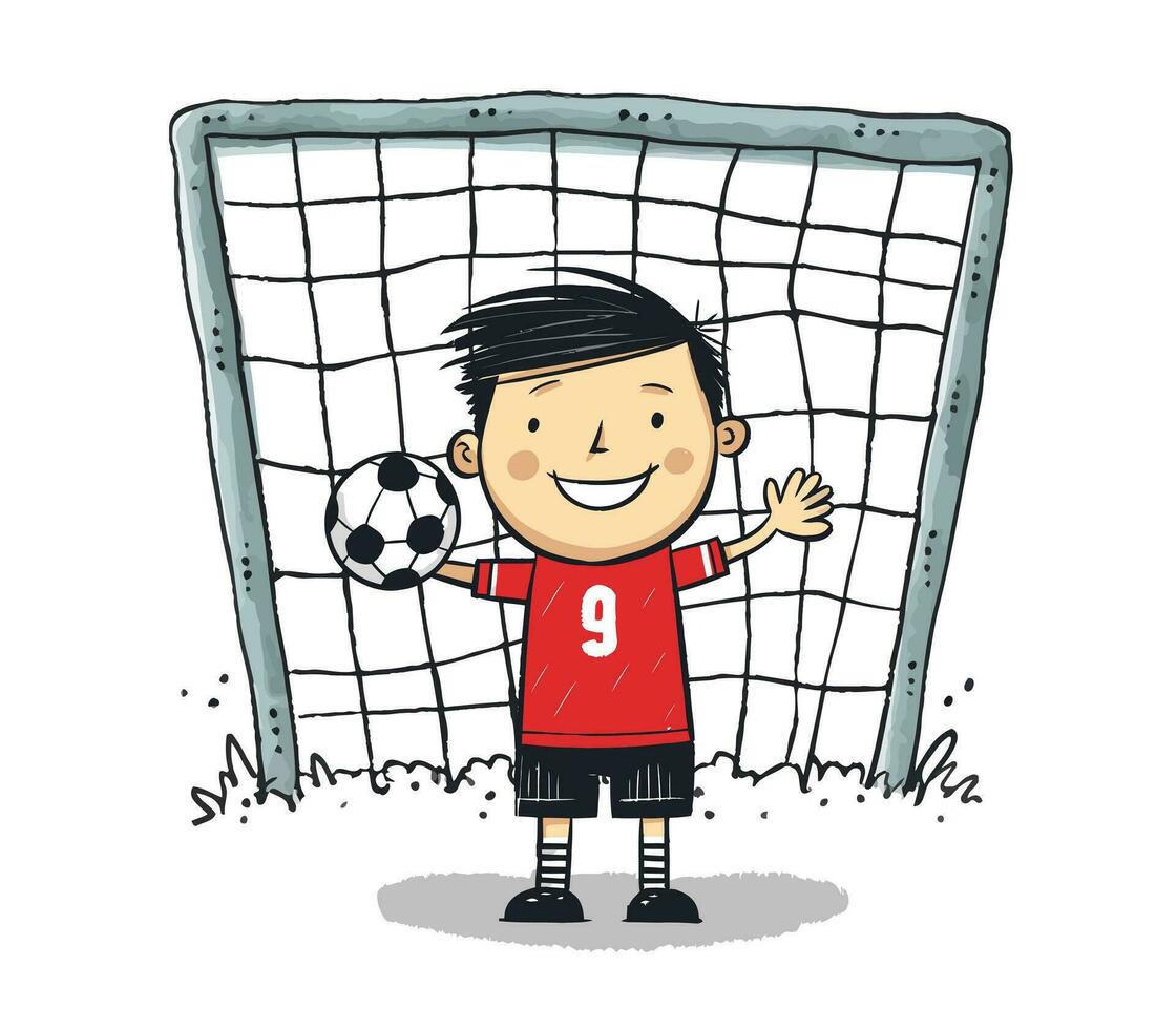 football gardien de but en gardant objectif vecteur illustration, dessin animé des gamins dessiné à la main style. les enfants en jouant football