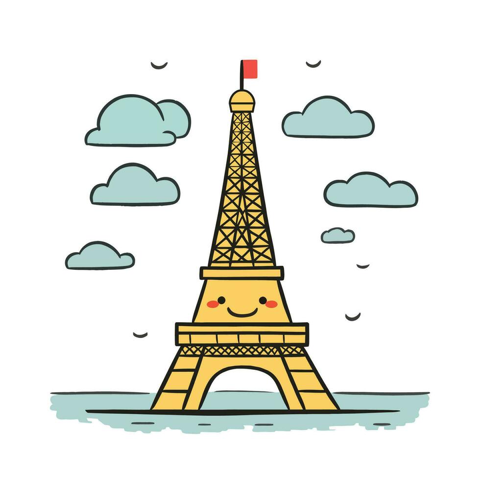 mignonne Eiffel la tour dans Paris. architecture ville symbole de France célèbre la tour. dessin animé dessiné à la main Eiffel la tour vecteur