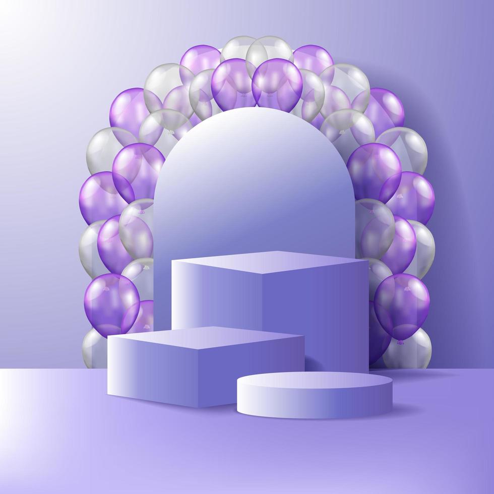 Affichage de produit de scène de podium de piédestal de cube et de cylindre 3d avec le ballon 3d violet et blanc pour l'anniversaire de mariage ou la célébration de partie vecteur