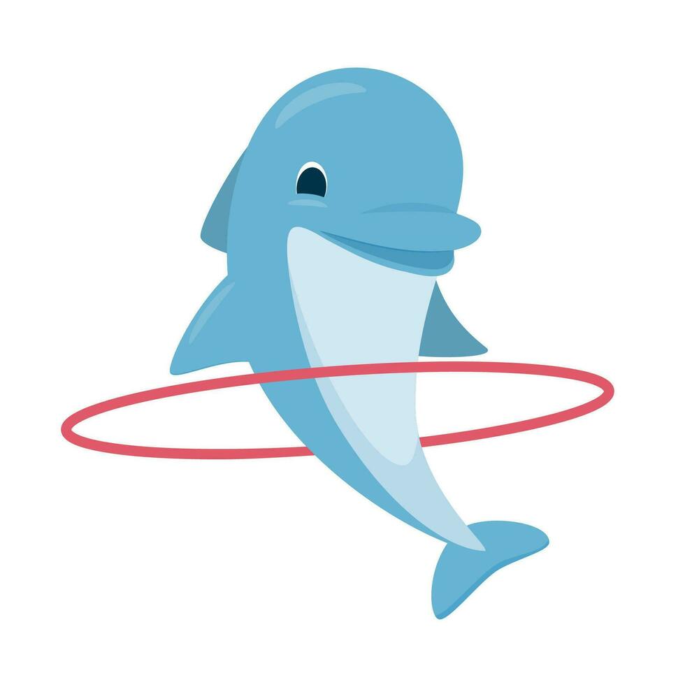 une mignonne bleu dauphin est filage une cerceau. vecteur illustration dans dessin animé style sur une blanc Contexte.