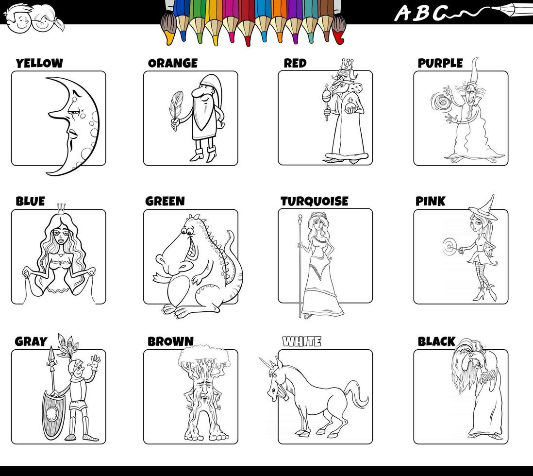 couleurs de base avec des personnages fantastiques mis en page de livre de coloriage vecteur