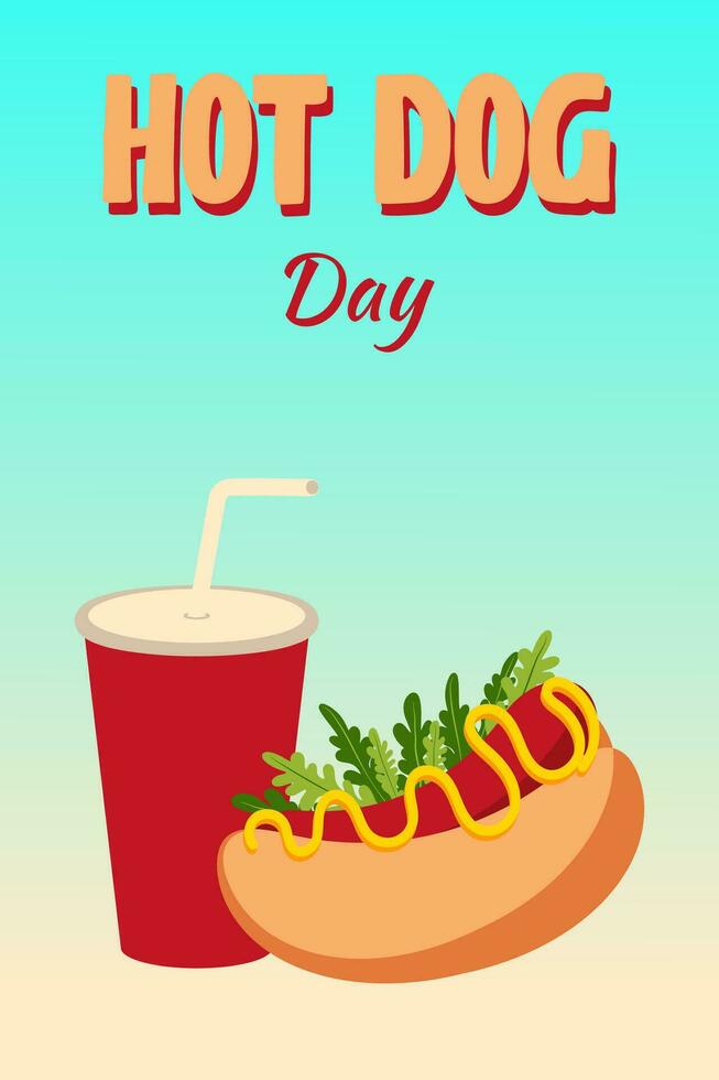 chaud chien jour, carte, prospectus, Burger vecteur illustration, vacances invitation, dessin animé style