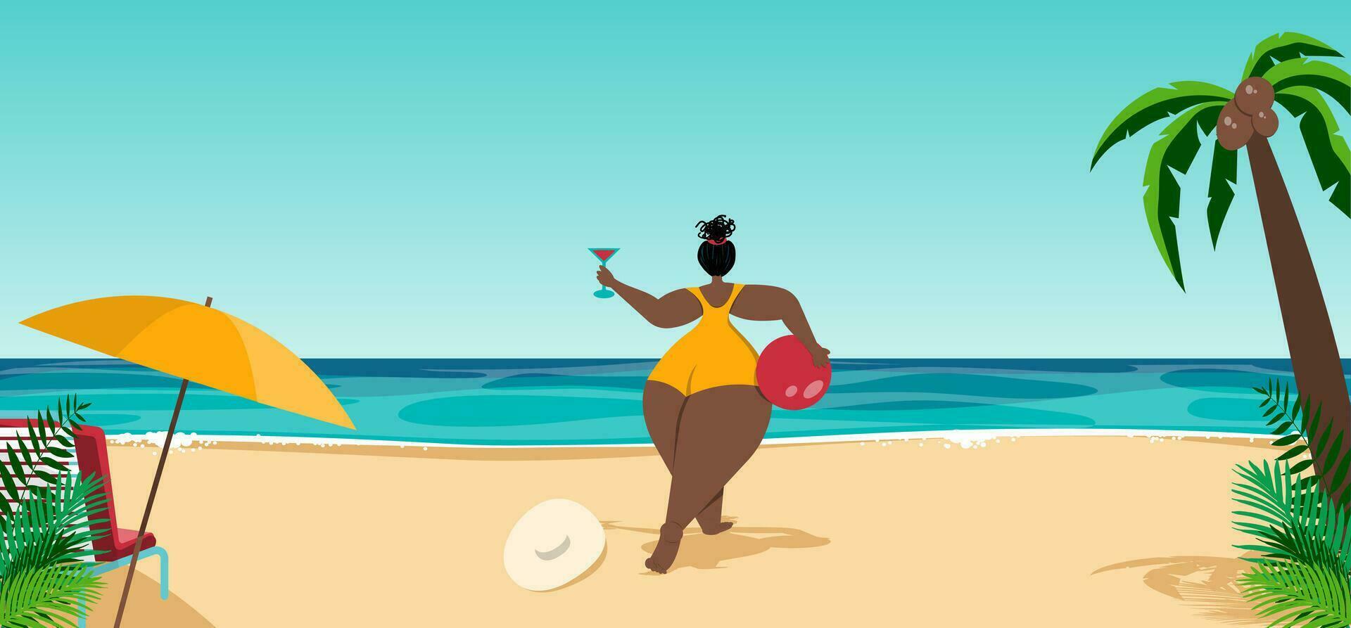 fille sur le plage, vecteur illustration, dessin animé style, corps positivité, africain américain femme sur le plage