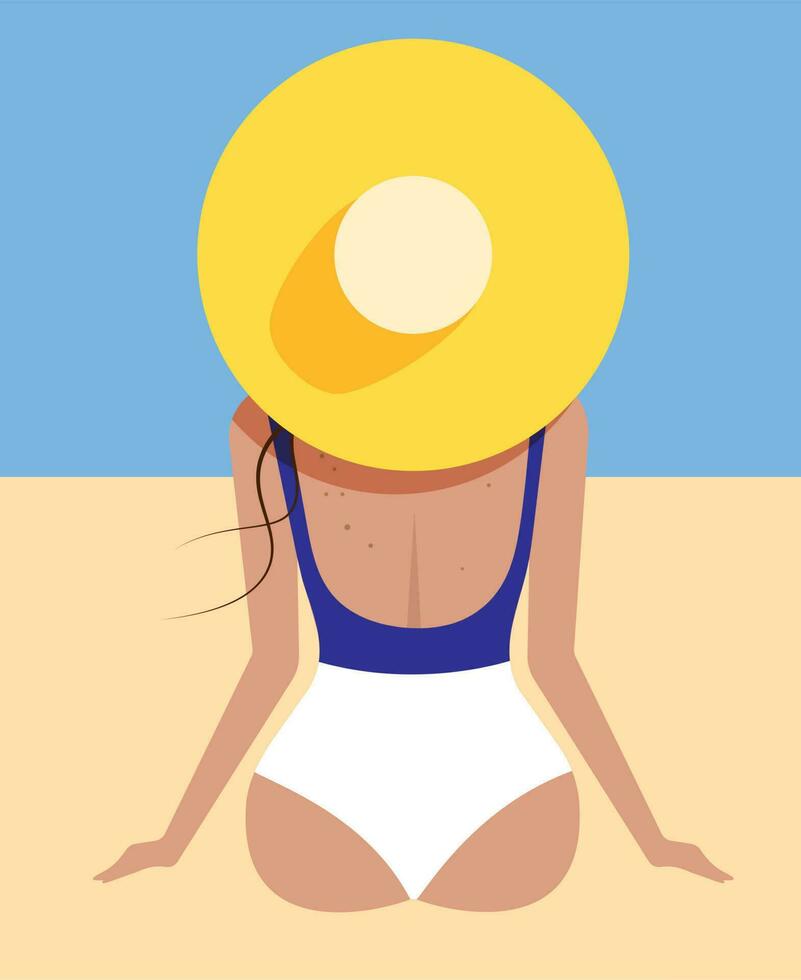 silhouette de une femme dans une gros chapeau et maillot de bain sur le plage.vecteur image. vecteur