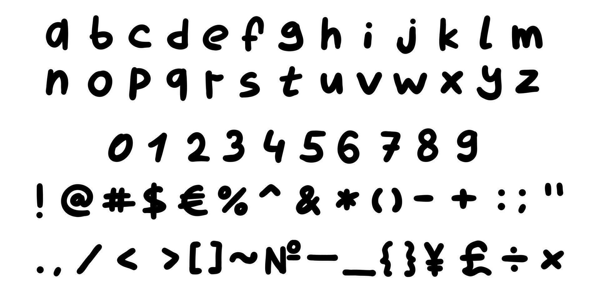 enfantin noir Anglais Latin abc alphabet Police de caractère avec chiffres et symboles manuscrit une à z, 0 à 9 ensemble. vecteur illustration dans griffonnage style isolé sur blanc Contexte. pour logo, conception, typographie.