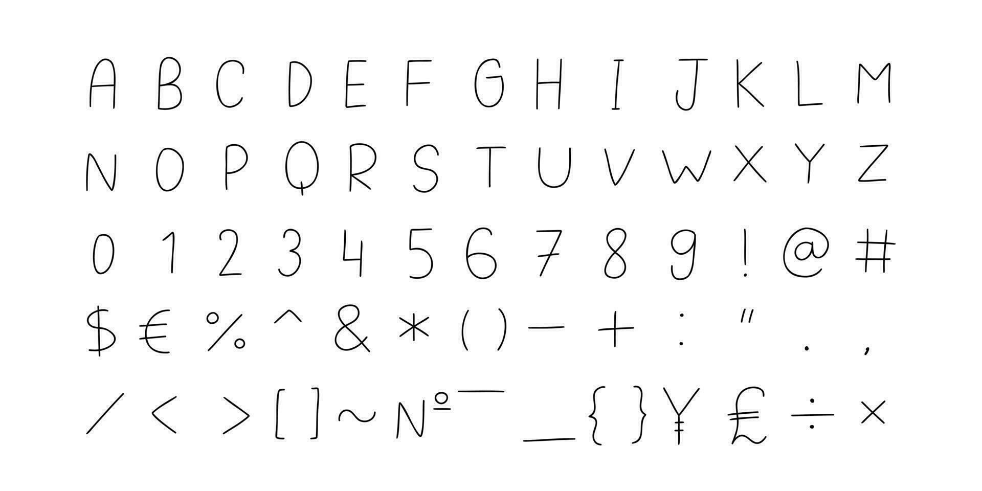 enfantin noir Anglais Latin abc alphabet Police de caractère avec chiffres et symboles manuscrit une à z, 0 à 9 collection. vecteur illustration dans griffonnage style isolé sur blanc Contexte. pour apprentissage.