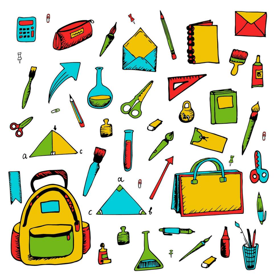 école sacs à dos. les enfants brillant Sacs, marrant Couleur étude équipement, des gamins éléments, dessin animé griffonnage style sacs à dos. élégant étudiant accessoires différent formes. chic vecteur isolé ensemble