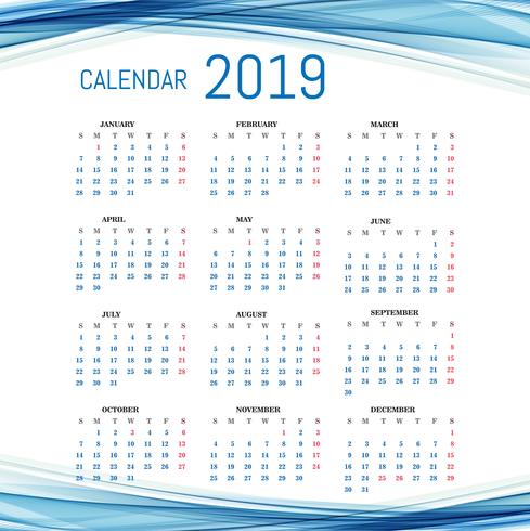 Calendrier 2019 Modèle avec fond de vague vecteur